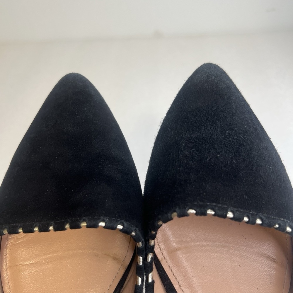 Belle Sigerson Morrison Black suede Flat Ballerina ANKLE Strap Gold Trim Sz 10 - Picture 9 of 13